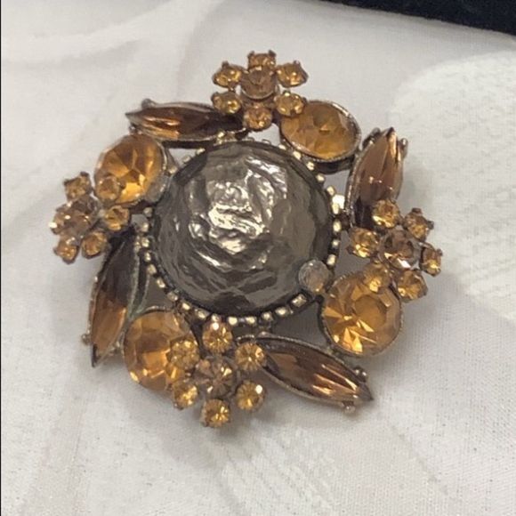 Vintage Amber Rhinestones And Baroque Pearl Brooch - Picture 4 of 6